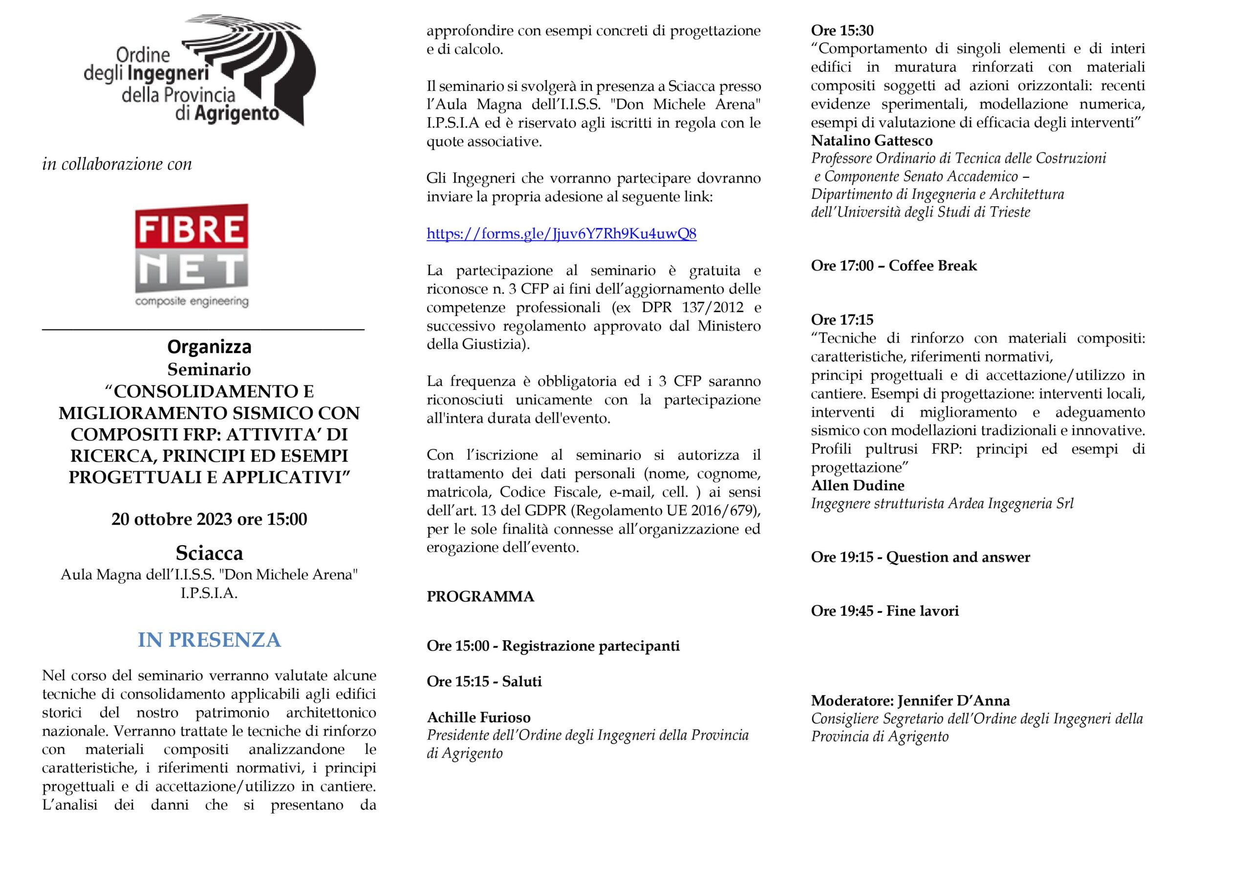 Al momento stai visualizzando Seminario: ““CONSOLIDAMENTO E MIGLIORAMENTO SISMICO CON COMPOSITI FRP: ATTIVITA’ DI RICERCA, PRINCIPI ED ESEMPI PROGETTUALI E APPLICATIVI”. Sciacca 20 ottobre 2023 – SOLO IN PRESENZA